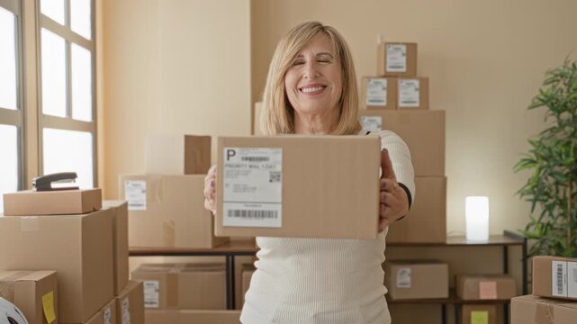 Woman holds shipping box forward in a packing studio with stacked parcels, visible labels and a lamp by the window; small business pride.