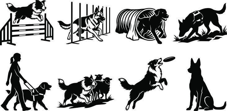 Dog agility training working herding and service dogs black vector icons set isolated on white background