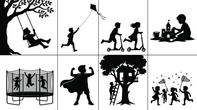 Happy childhood and outdoor activities black vector silhouette icons set with tree house trampoline and scooters