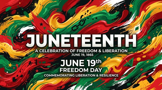 Juneteenth Freedom Day celebration banner, vibrant Pan-African colors with liberation text, abstract artistic background for June 19th commemoration