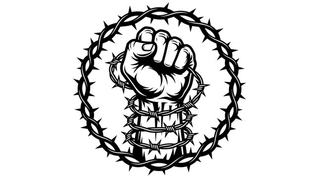 A clenched fist surrounded by thorns.