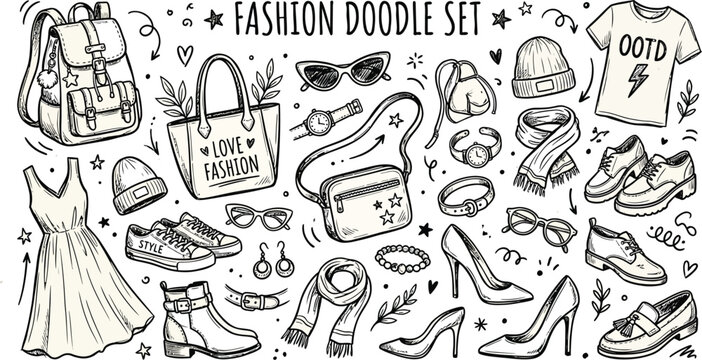 Fashion doodle set features stylish accessories and clothing items on white