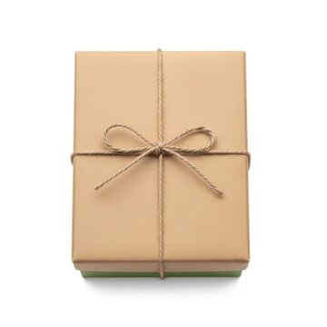 Elegantly wrapped brown kraft paper gift box with natural twine ribbon