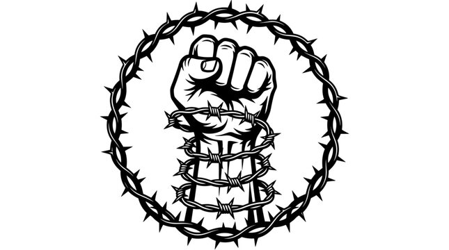A clenched fist wrapped in barbed wire.