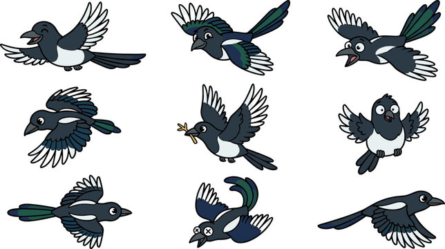 Cute cartoon magpie bird character set with funny pica pica crow family flying carrying stick isolated on white background vector illustration