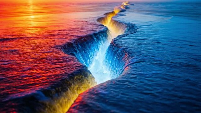 A surreal landscape where a glowing crack divides a beach into fiery sunset and cool blue ocean