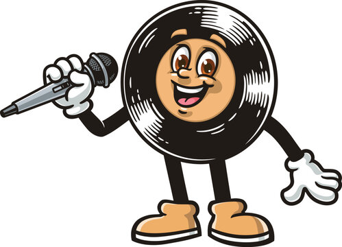 Cartoon mascot of vinyl record holding microphone and singing