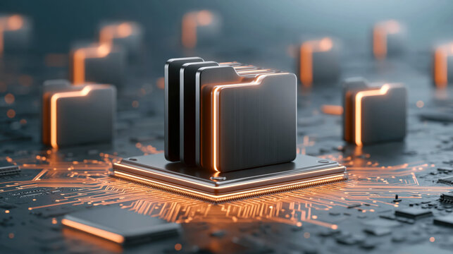 Futuristic file folder on circuit board glowing interface, sleek metallic data storage concept with warm lighting
