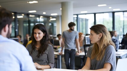 Fototapeta premium A modern open plan office setting depicts people engaged in productive discussion and collabo n within a bright professional environment