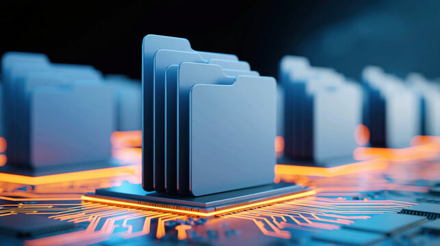 Blue file folder stack on glowing circuit chip conveying futuristic data management and secure digital organization in abstract tech scene