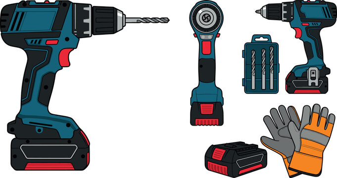 Cordless Power Drill Vector Set with Electric Drills Battery Pack Drill Bits Case and Safety Work Gloves for Hardware Carpenter and Construction Designs