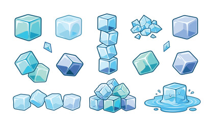 Ice cube frozen crystal block blue vector icon set. Stack, pile, melting, puddle, shards, frost, water, cold and cooling. © Mahamuda Studio 