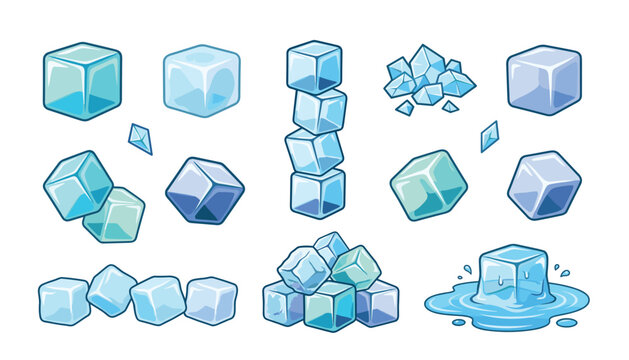 Ice cube frozen crystal block blue vector icon set. Stack, pile, melting, puddle, shards, frost, water, cold and cooling.