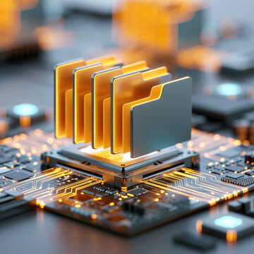 Futuristic data archive concept b fcc server folder icon glowing circuitry circuit board, illuminated digital storage visualization with warm