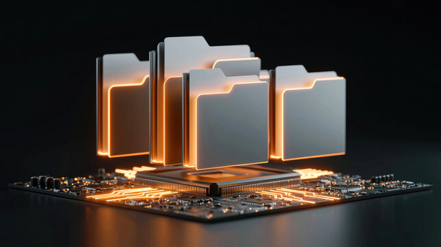 Glowing file folders floating above circuit board representing futuristic data archive and digital storage, sleek neon lighting and high tech mood