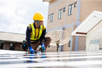 Fototapeta premium Roofing technician conducting maintenance on solar panels at commercial building site urban environment professional viewpoint