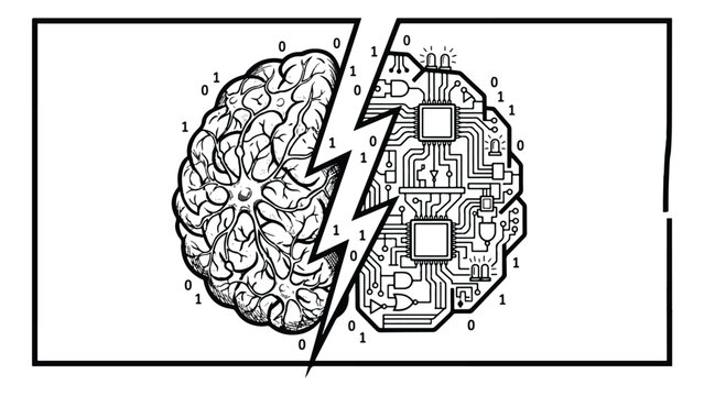 Artificial intelligence brain concept, digital neural network and human mind split, binary code and circuit board vector illustration