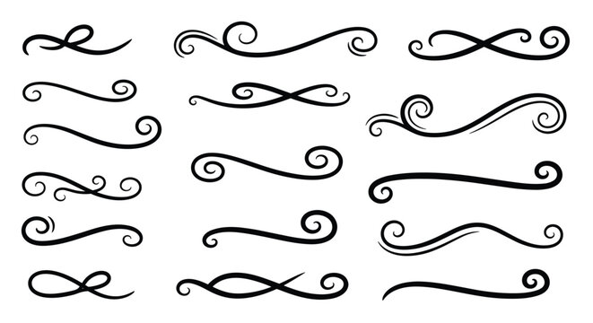 Set of elegant black decorative calligraphic scrolls swirls and flourishes for fancy border and corner design elements.