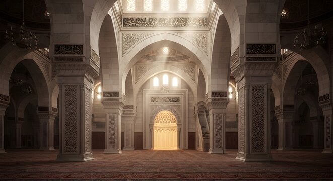 Grand mosque interior with massive stone pillars and intricate arabic calligraphy under soft sunlight.