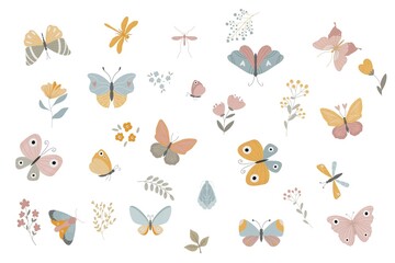 Obraz premium Scandinavian style nursery illustration collection. Large botanical and butterfly design elements kit for creators.