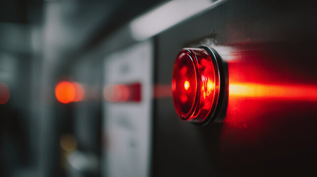 Dramatic macro shot of a glowing red alarm warning on an industrial safety panel, bright emergency beacon shining in the blurred background, intense red reflections and flare acros