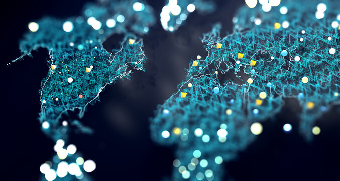 Mapa mundial digital abstracto con conexiones de red de puntos azules, tecnolog&iacute;a global. Concepto abstracto de mapa mundial digital de red de puntos azules; conectividad de datos global y tecnolog&iacute;a 