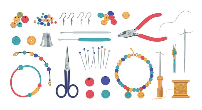 Variety of tools and supplies for jewelry making including beads pliers needles and finished bracelets for hobby and craft.