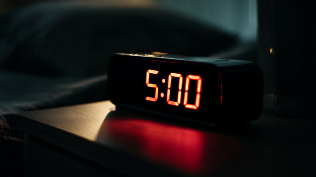 Dark close-up of a digital alarm clock showing 5:00 in bright red LED numbers, early morning wake-up concept, black alarm device on a bedside surface in a dim bedroom, low-light at