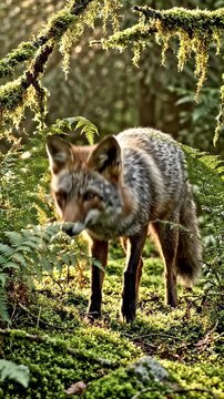 Alert Fox Emerges from Lush Forest Foliage - A fox-like mammal with alert eyes cautiously emerges from dense, lush forest greenery.