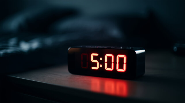 Dark close-up of a digital alarm clock showing 5:00 in bright red LED numbers, early morning wake-up concept, black alarm device on a bedside surface in a dim bedroom, low-light at