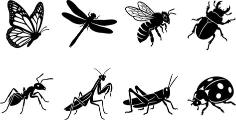 Insect silhouettes featuring butterfly, dragonfly, bee, beetle, ant, praying mantis, grasshopper, and ladybug vector illustration © AUSTOMI