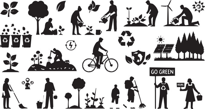 Black and white eco-friendly lifestyle with people, activities, and green symbols