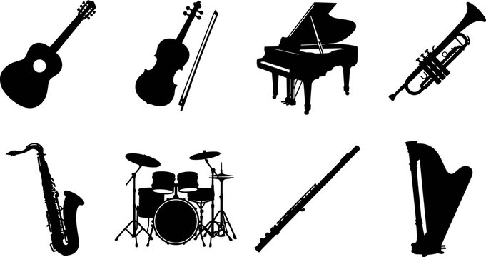 Musical instrument silhouettes collection featuring guitar, violin, piano, trumpet, saxophone, drums, bassoon, and harp