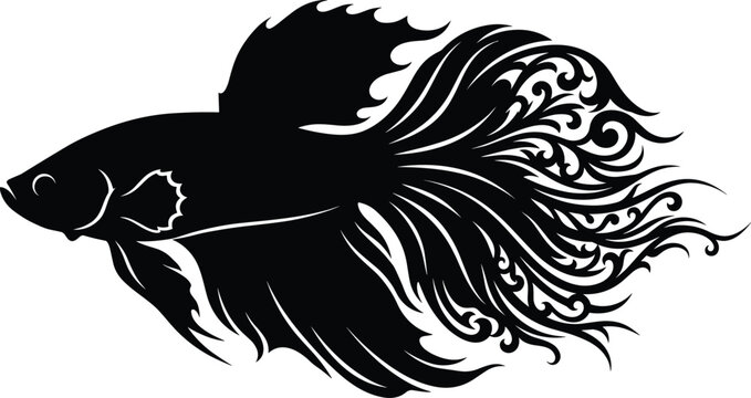 Ornamental Betta fish silhouette with decorative fins and tail artistic vector illustration for design and tattoo use