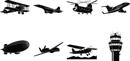Aviation and aircraft black vector silhouette icons set featuring airplanes helicopter blimp and airport control tower © MdMenhajul