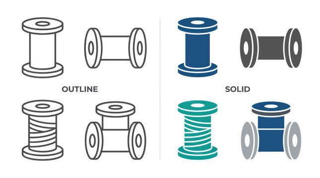 Sewing Spool Icons: Outline and Solid Styles, Blue and Green