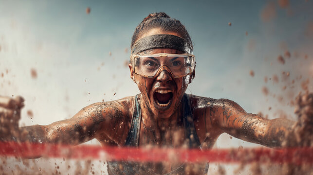 Extreme mud race runner breaking through finish barrier, realistic obstacle course competition with muddy face, protective glasses, intense emotion, flying dirt, cold outdoor Winner