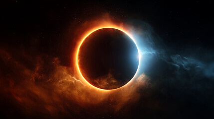 Fototapeta premium Dramatic total solar eclipse in deep space, dark moon passing in front of a glowing sun with fiery orange corona on one side and cool blue-white rim light on the other, black cosmi