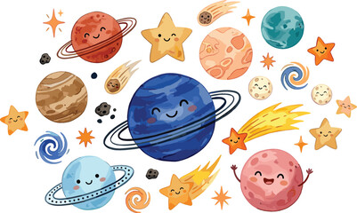 Watercolor Cute Solar System Planet Vector Set with Smiling Kawaii Stars, Comet, Saturn, and Galaxy Elements for Kids Space Education and Nursery Room Designs © MdSaddam
