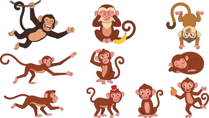Cute cartoon monkey character set featuring funny chimpanzee in various poses like swinging sleeping running eating banana isolated on white background vector illustration © MdMehedi