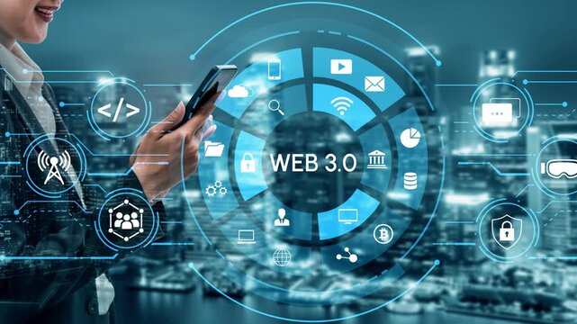 Modern Business Professional Engaging with Mobile Technology in a Futuristic Web 3.0 Environment Surrounded by Digital Icons and Networking Elements. Entropy.