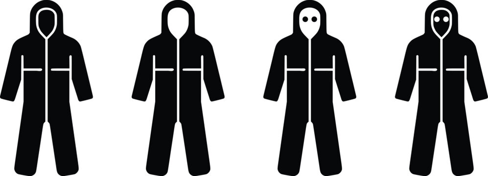 Black Hooded Jumpsuit Silhouette Icon Set Collection Vector Illustration for Fashion and Apparel Design