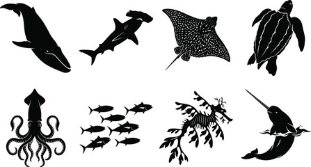 WebMarine life silhouette set featuring whale, shark, stingray, sea turtle, squid, school of fish, seahorse, and narwhal. © MdMenhajul