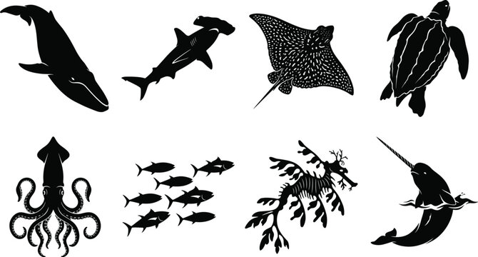 WebMarine life silhouette set featuring whale, shark, stingray, sea turtle, squid, school of fish, seahorse, and narwhal.