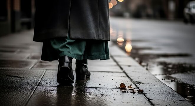 Person Walking Away in Stylish Coat on Wet City Sidewalk
