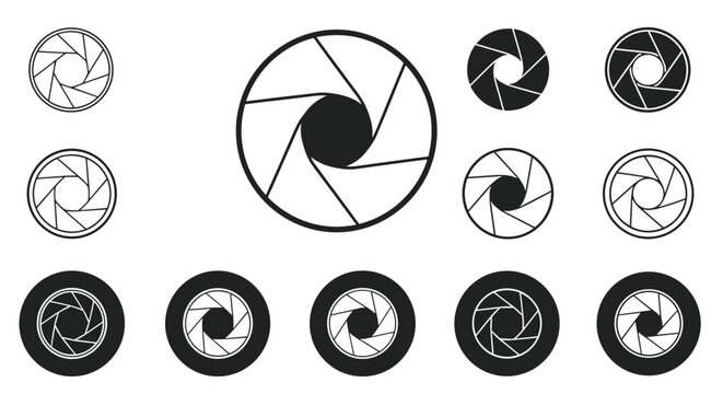 Variety of camera lens aperture icons showing different shutter speeds and diaphragm openings for photography and cinematography design.