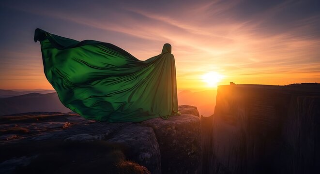 A Person Wearing a Green Cloak Standing on a Cliff at Sunset