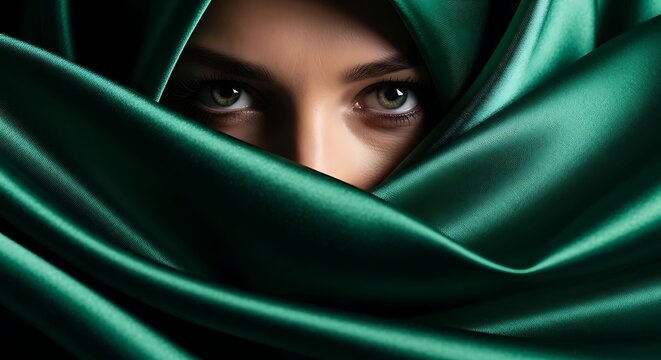 Mysterious Portrait of a Woman with Emerald Silk Head Covering