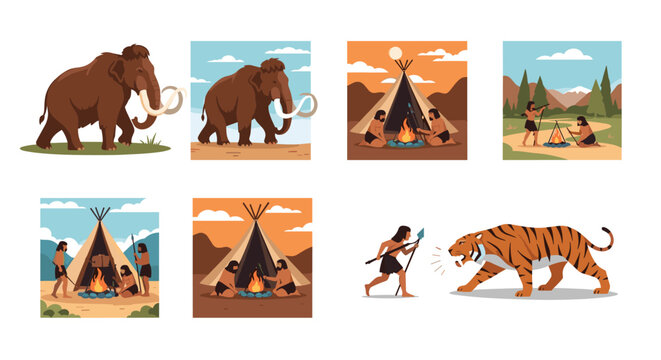 Set of prehistoric life scenes featuring woolly mammoths cavemen around a campfire and primitive hunting encounters for history education.