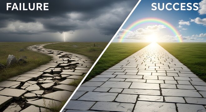 Success vs failure concept with two diverging paths, one leading to success and other to failure.
